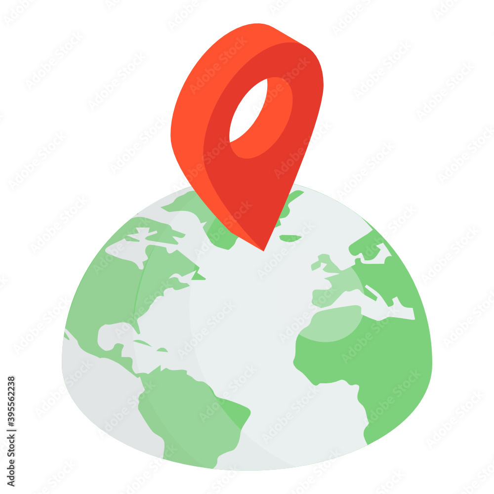 Wall mural globe with pin, geolocation icon in isometric style