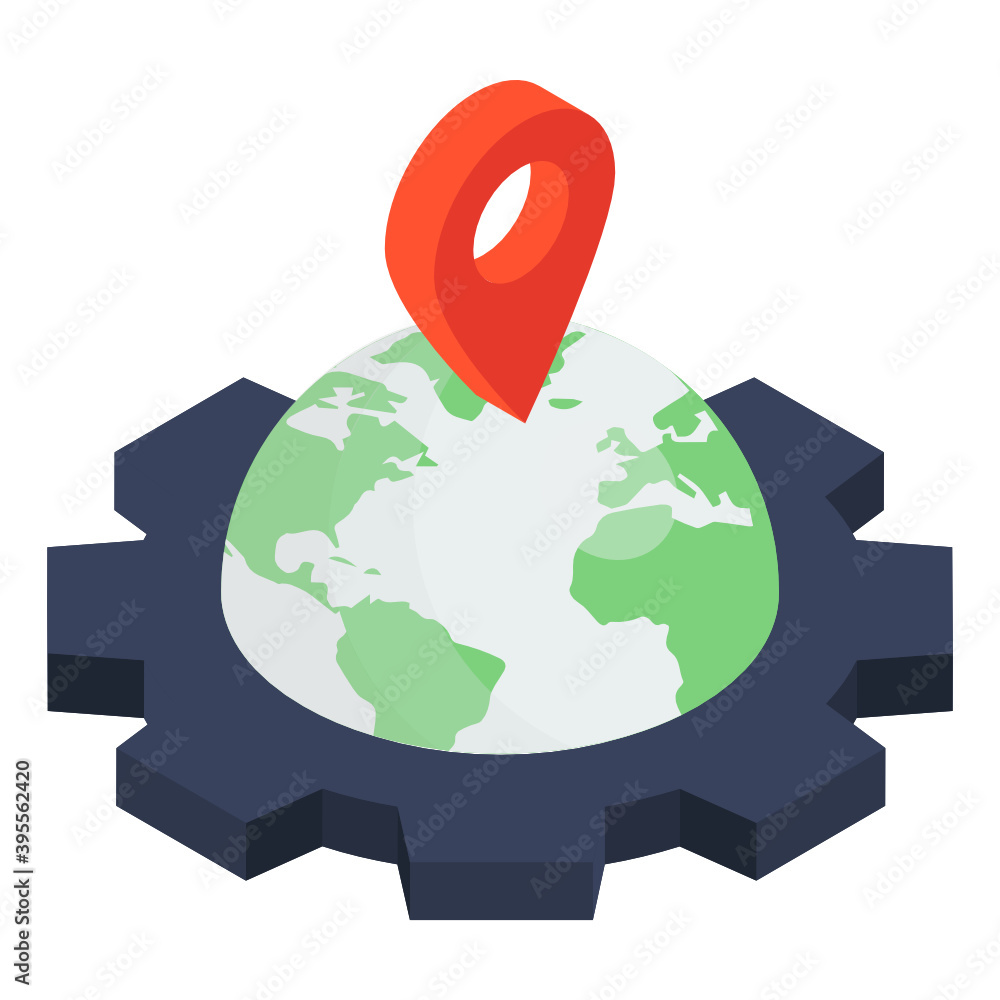 Wall mural globe with pin, geolocation icon in isometric style