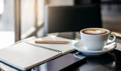 Close-up of latte art coffee in cup and white heart cream on top with notebook, pen and mobile on table with sunlight winter on the morning