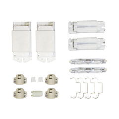 Sodium or metal-halide HPS lamp with starter and power supply kit isolated on white background