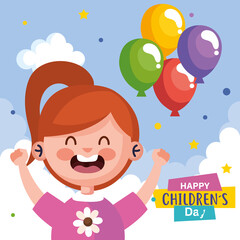 Happy childrens day with girl cartoon and balloons design, International celebration theme Vector illustration