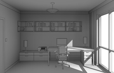 3d illustration of a home-office work area  in hidden line style. Working room in a flat with a big window by the side. Monochrome scene looking straight from eye level.