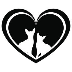 Valentine's Day. A loving couple of cats with a heart. Silhouettes of enamored cats. Cat couple, vector icon or logo. Concept for a pet store, congratulations on valentines day.