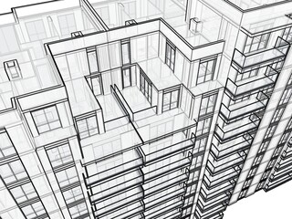 3D illustration of a residential block close up. Architectural perspective looking down. Transparent walls in sketch style.