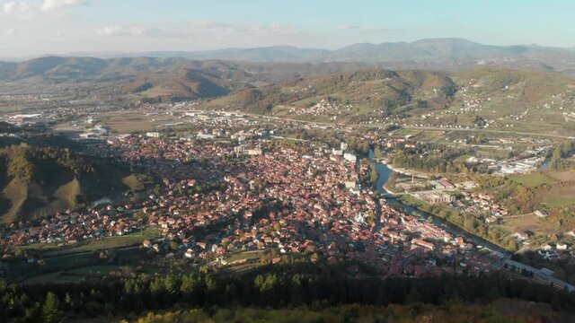 Visoko city in mountain valley, Bosnia and Herzegovina, aerial view