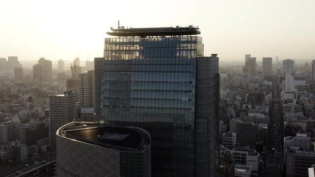 Modern city skyline aerial view of Abeno Harukas towers in Osaka, Japan.