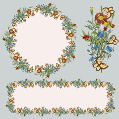 Botanical framework to illustrate the elements of plants are marigolds, butterfly and ladybug