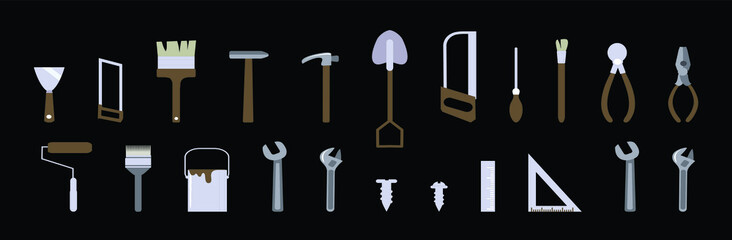 Tool icon set with lots of construction or DIY tools including level, pneumatic and many others. vector illustration isolated on black background