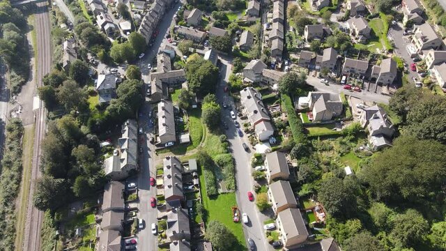 Drone Fly Over Aerial View Of West Yorkshire Village Houses In Huddersfield