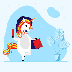 Girl unicorn talking on the phone, taking a selfie, buying gifts in a shopping store, vector