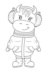 Cartoon bull vector coloring as 2021 Christmas, New Year invitation. Cute baby cow is wearing coat, boots. Poster, sticker, postcard, t-shirt illustration. Xmas lettering