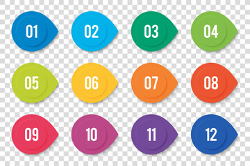 Numbers Bullet Point From 1 To 12 In The Form Of Round Arrows And 3D Effect. Vector Bullet Points For Infographic Design Or Presentation