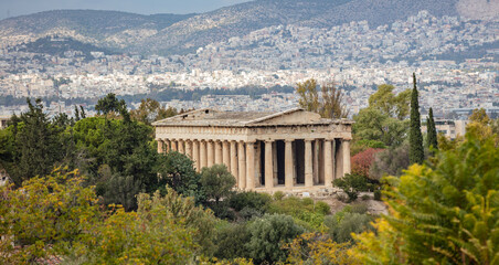 Hephaestus ancient temple, Athens cityscape. Attica Greece