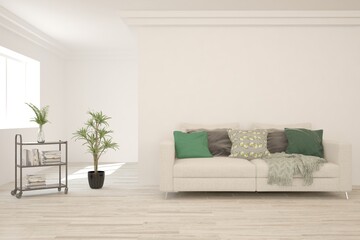 White living room with sofa. Scandinavian interior design. 3D illustration