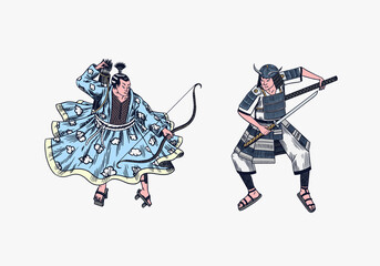 Japanese samurai set. Warriors with weapons sketch. Men in a fight pose. Hand drawn vintage sketches. Vector illustration in monochrome style.