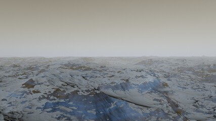 science fiction illustration, alien planet landscape with strange rock formations, fictional space scene, rocky hills and mountains