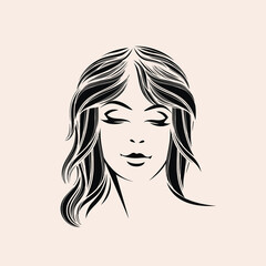 Hair salon and beauty studio illustration.Long, wavy hairstyle woman with elegant makeup.Cosmetics and spa icon.Young lady portrait.Beautiful model face.Luxury,glamour style.Front view.