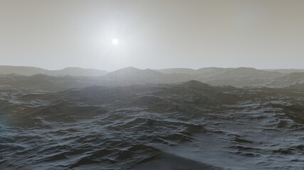 science fiction illustration, alien planet landscape with strange rock formations, fictional space scene, rocky hills and mountains