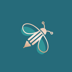 Bee logo.Honey business icon.Golden color insect isolated on dark teal background.Flying animal.Creative style illustration.Abstract concept.Pencil shape body,Design brand.