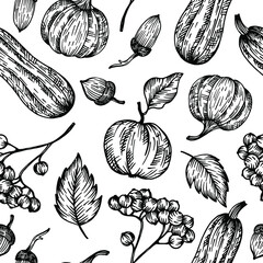 Vector autumn graphic pattern. Vegetables and berries graphic textile pattern. Harvest decorative sketch background.