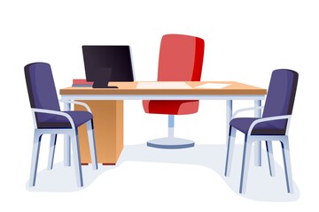 Modern office interior design elements. Chairs and table with computer monitor. Workplace furniture vector illustration on white background