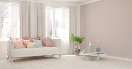 White modern living room with sofa. Scandinavian interior design. 3D illustration