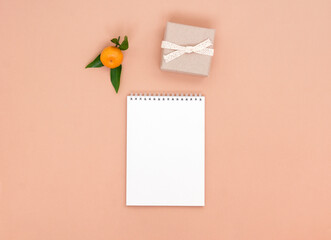 An empty white notebook, a tangerine and a small gift on a peach background. Template with space for text, planning concept, or mockup.