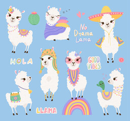 Collection of cute lamas and cacti, lettering in pastel colors. Funny baby animals. Set of Alpaca for your child's room design. Vector illustration