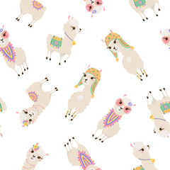 Seamless pattern with cute llamas. Background with funny Alpaca babies for textiles, children's clothing, Wallpaper. Vector illustration © Irina Gubanova