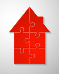 Puzzle house presentation. Home puzzles kit banner. Infographic template with explanatory text field for business statistics. Abstract puzzle building illustration. Pieces simple home game set