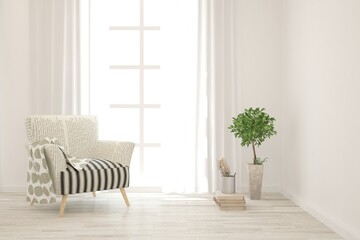 White living room with armchair. Scandinavian interior design. 3D illustration