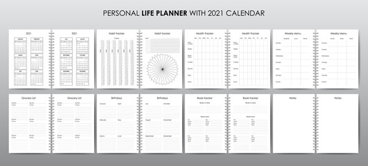 Vector template for personal life planner with 2021 calendar - 395571493