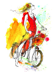 Beautiful blonde rides a bike in the summer. Basket with flowers on a bicycle