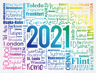 2021 travel cities word cloud collage, trip destinations concept