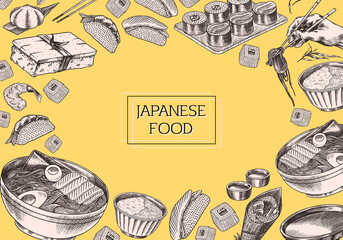 Japanese food poster. Sushi bar, ramen noodles, soup in a bowl, roll and dessert, Asian tea. Soy sauce. Hand holds chopsticks. Drawn engraved sketch for menu. Monochrome style. Vector illustration
