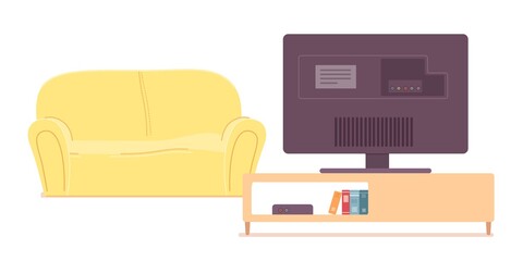 Modern living room interior design background. Room at home with sofa, television, stand with tv player and books. Empty cosy area for rest and recreation vector illustration