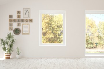 Stylish empty room in white color with autumn landscape in window. Scandinavian interior design. 3D illustration