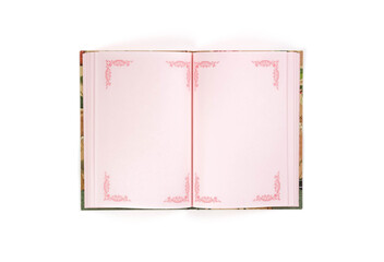 A pink book with empty pages. Close up. Isolated on a white background