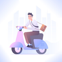 Eco friendly vehicle concept. Young man riding scooter, office worker going to work by moped, vector illustration