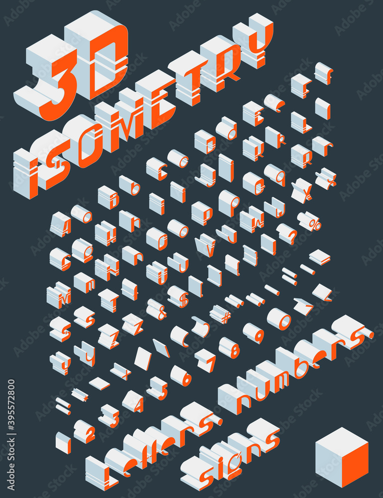 Fototapete vector isometric 3d font. collection of color letters, numbers and punctuation marks. vector illustr