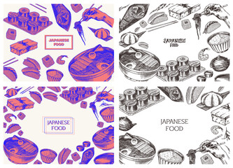 Japanese food poster. Sushi bar, ramen noodles, soup in a bowl, roll and dessert Soy sauce. Hand holds chopsticks. Drawn engraved sketch for menu. Monochrome doodle style. Vector illustration