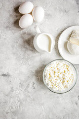 proteic breakfast concept with dairy products on table top view mock up