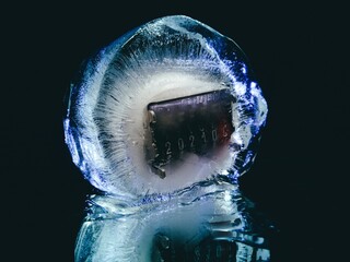 counter frozen in blue ice, which symbolizes the new year 2021 in creative photography