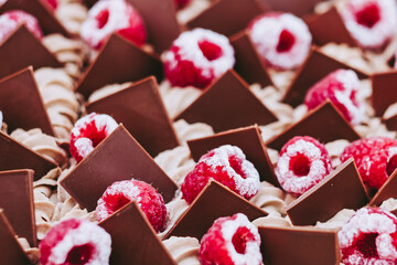 Close up sur le dessus d'un gâteau patisserie avec des framboises glacées et des carreaux de...