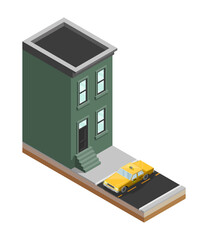 Yellow cab banner isometric. Online navigation application order taxi service. Isometry car building, isometric route banner.3D taxi classic vehicle itinerary road. Get a taxi online phone application