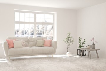 White living room with sofa and winter landscape in window. Scandinavian interior design. 3D illustration