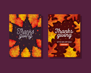 thanksgiving day with autumn leaves in ecommerce banners design, season theme Vector illustration