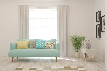 White living room with sofa. Scandinavian interior design. 3D illustration