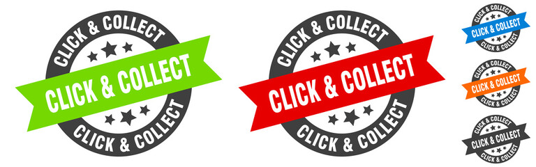 click & collect stamp. click & collect round ribbon sticker. tag - obrazy, fototapety, plakaty