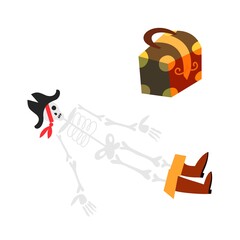 Pirate skeleton lying near closed treasure chest. Piratic dead sailor on ground, chest with money or gold on white background. Adventure and marine piracy vector illustration
